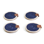 Four blue coasters with white edges and brown leather straps on a white background
