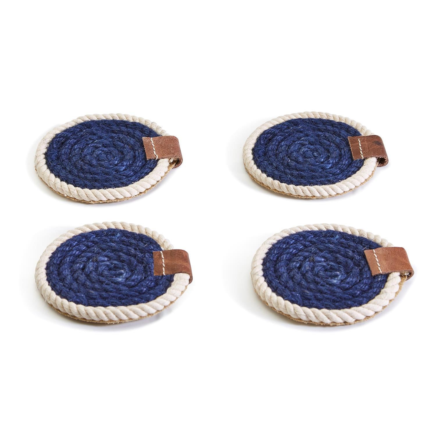 Four blue coasters with white edges and brown leather straps on a white background