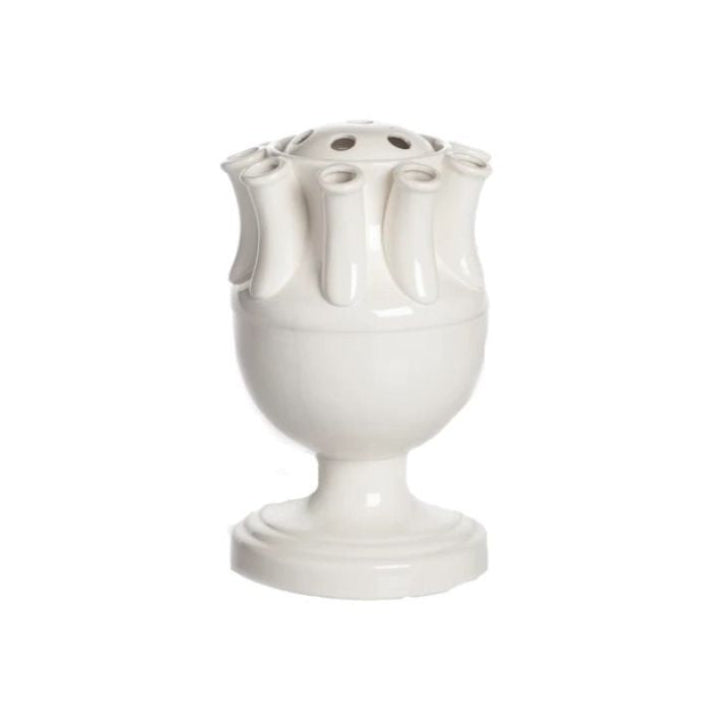 A white ceramic tulip-shaped vase with a removable top, standing on a solid background.