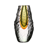 This image features a stunning handcrafted glass vase, designed with a unique and artistic flair. The vase displays a striking color gradient, transitioning from a clear, pristine hue at the top to a vibrant amber tone towards the base.