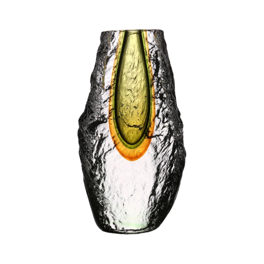 This image features a stunning handcrafted glass vase, designed with a unique and artistic flair. The vase displays a striking color gradient, transitioning from a clear, pristine hue at the top to a vibrant amber tone towards the base.