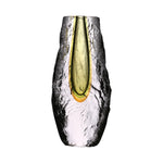 This image features a stunning handcrafted glass vase, designed with a unique and artistic flair. The vase displays a striking color gradient, transitioning from a clear, pristine hue at the top to a vibrant amber tone towards the base.