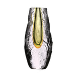 This image features a stunning handcrafted glass vase, designed with a unique and artistic flair. The vase displays a striking color gradient, transitioning from a clear, pristine hue at the top to a vibrant amber tone towards the base.