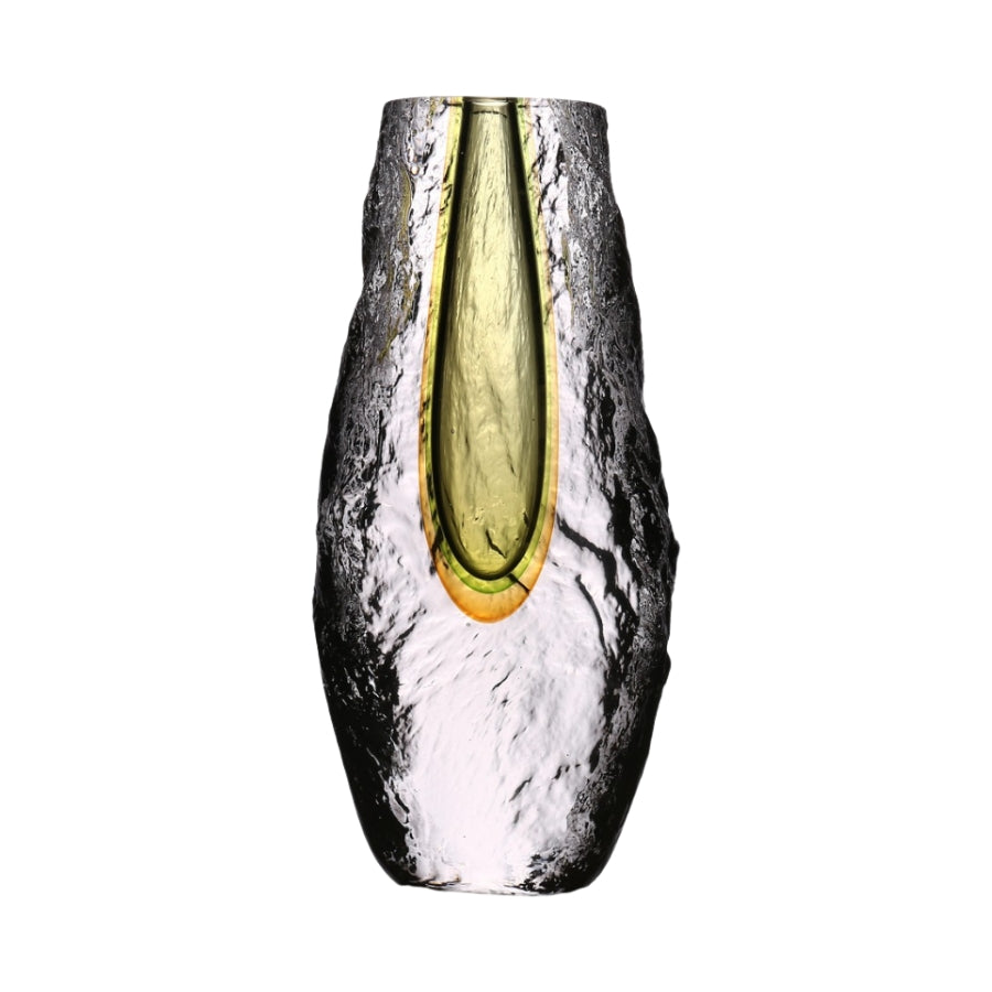 This image features a stunning handcrafted glass vase, designed with a unique and artistic flair. The vase displays a striking color gradient, transitioning from a clear, pristine hue at the top to a vibrant amber tone towards the base.