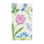 Floral patterned towel with pink tulip, blue flowers, and green leaves on a white background