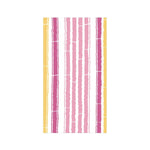 Towel with pink, yellow, and white vertical stripes on a white background