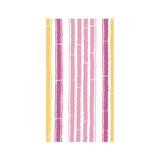 Towel with pink, yellow, and white vertical stripes on a white background