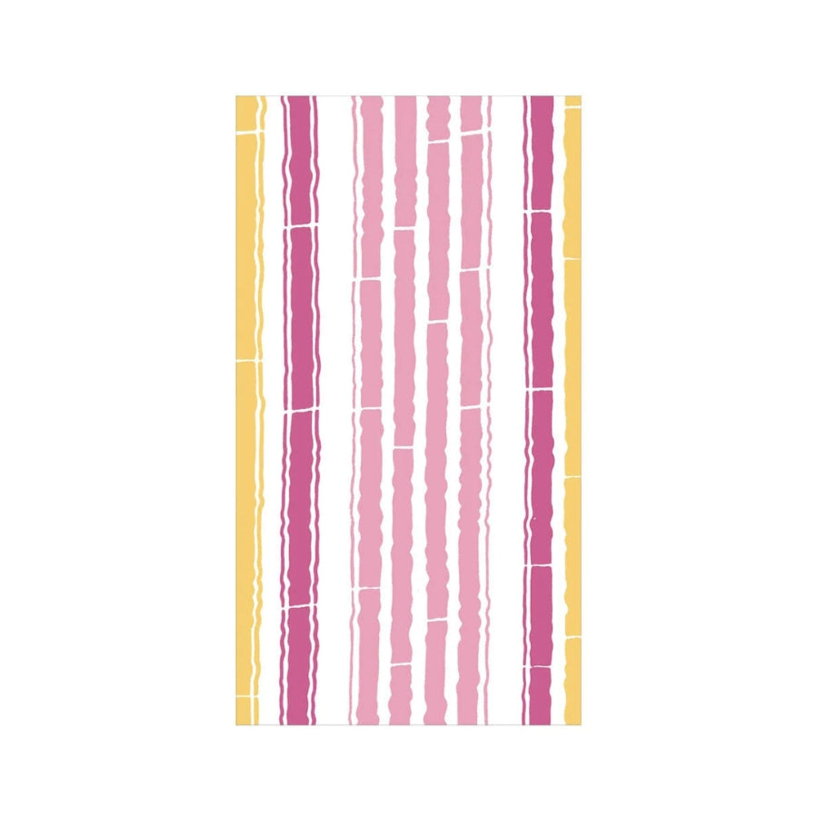 Towel with pink, yellow, and white vertical stripes on a white background
