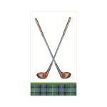Two crossed golf clubs with a tartan pattern at the bottom on a white background
