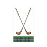 Two crossed golf clubs with a tartan pattern at the bottom on a white background