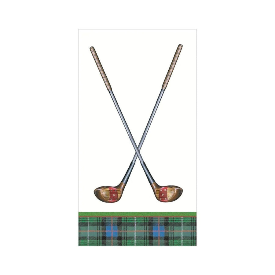 Two crossed golf clubs with a tartan pattern at the bottom on a white background