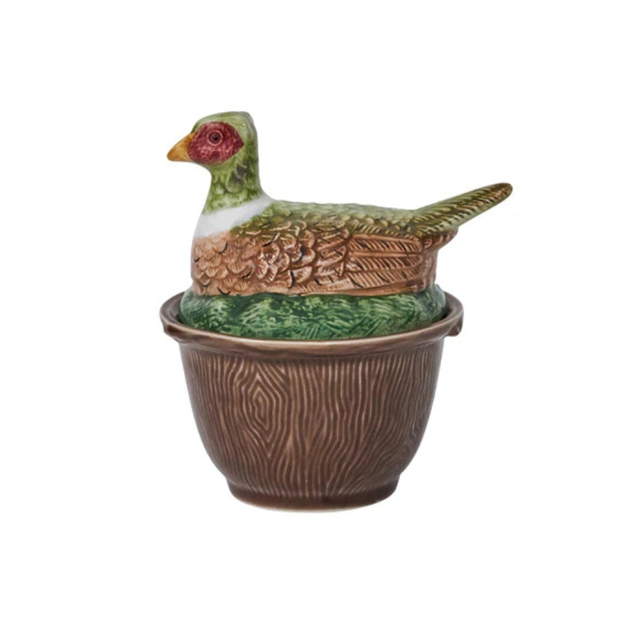 Ceramic container shaped like a bird with a lid on a white background