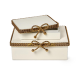 Bowtie White Enamel Covered Box with Gold Rope Trim