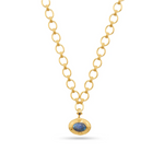 Gold necklace with a blue pendant on a white background