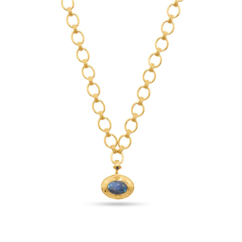 Gold necklace with a blue pendant on a white background
