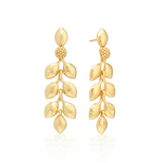 Pair of gold leaf-shaped earrings on a white background