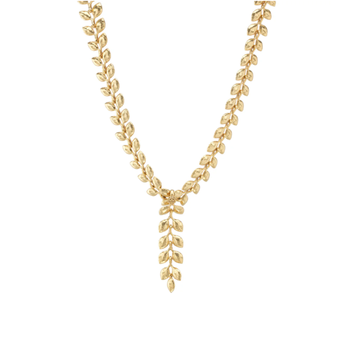 Gold necklace with leaf-like designs on a white background
