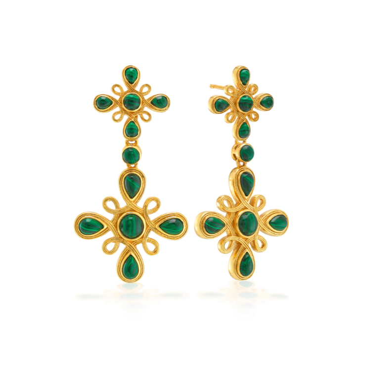 Gold earrings with green gemstones on a white background