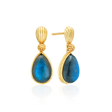 Gold earrings with blue teardrop stones on a white background