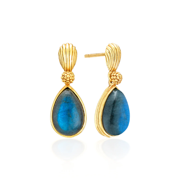 Gold earrings with blue teardrop stones on a white background