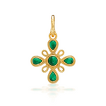 Gold pendant with green gemstones on a white background