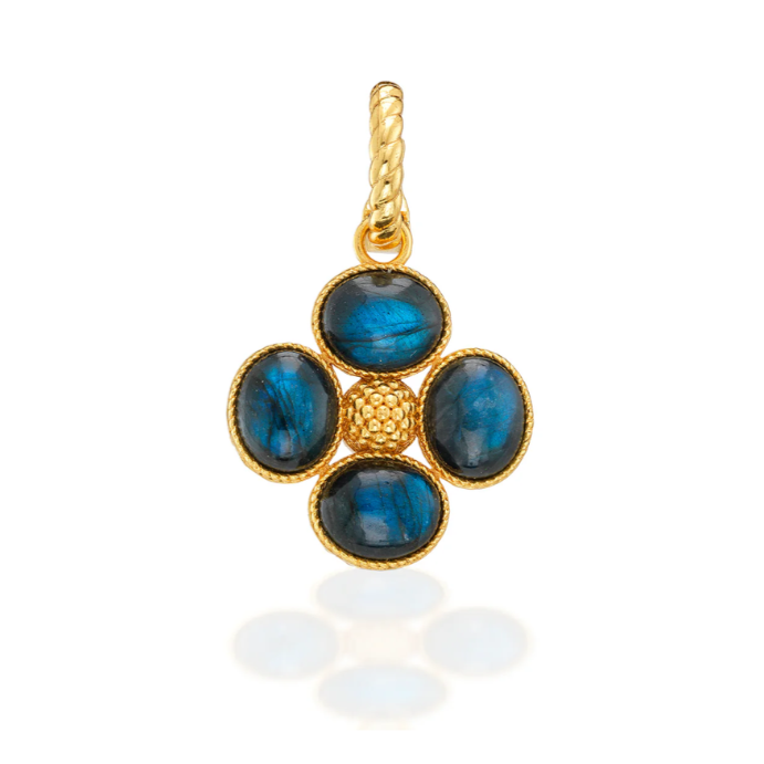 Gold pendant with blue stones on a white background