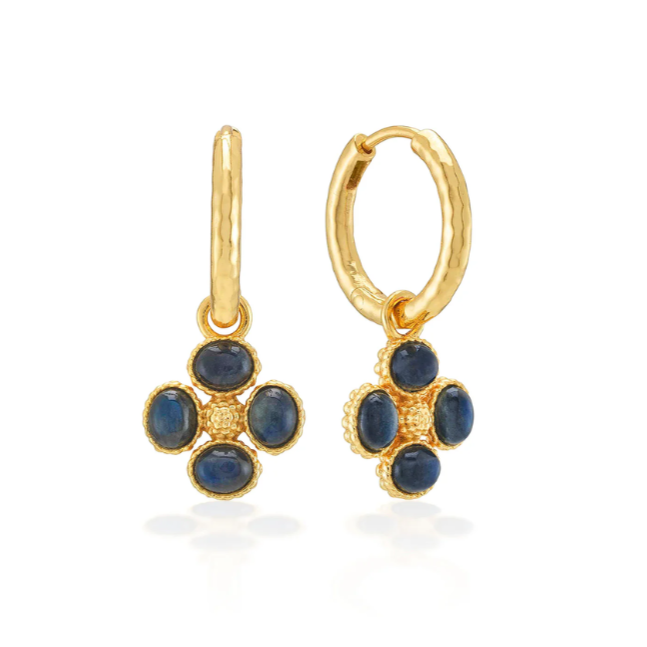 Gold earrings with blue gemstones on a white background