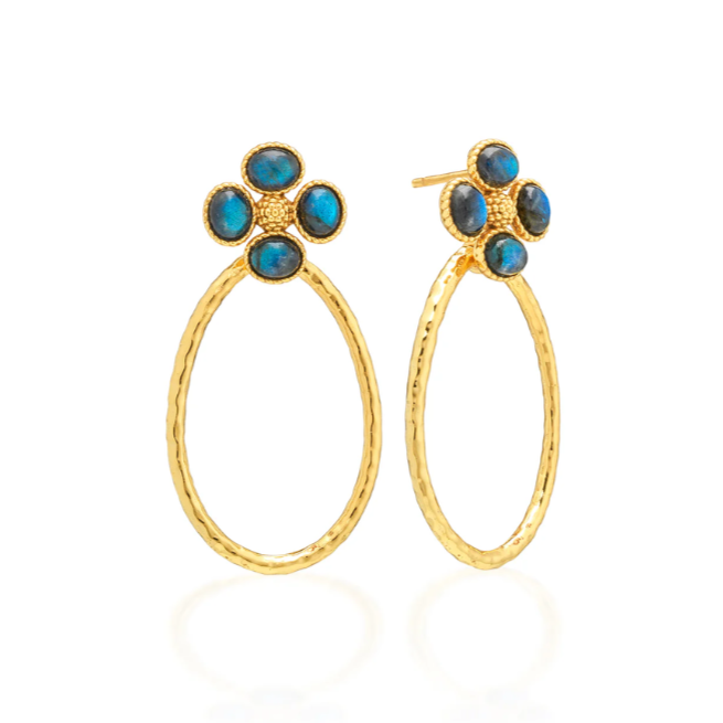 Gold hoop earrings with blue gemstones on a white background
