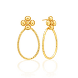 Gold hoop earrings with floral tops on a white background