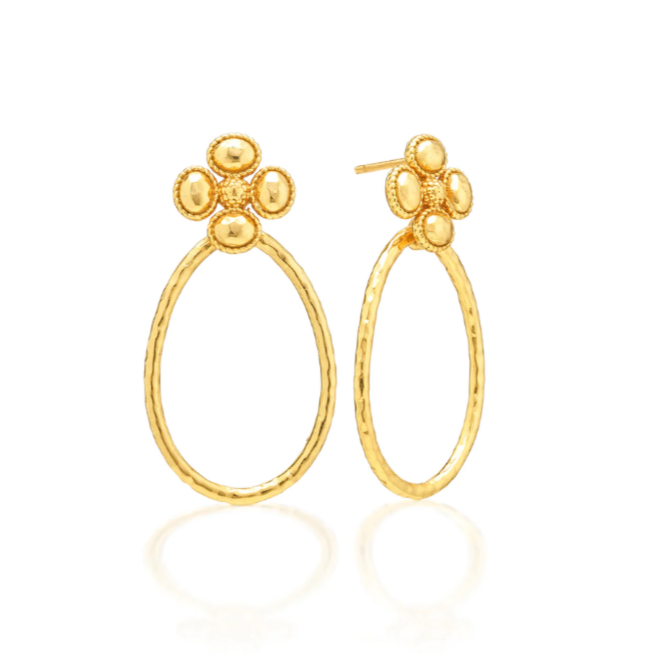 Gold hoop earrings with floral tops on a white background
