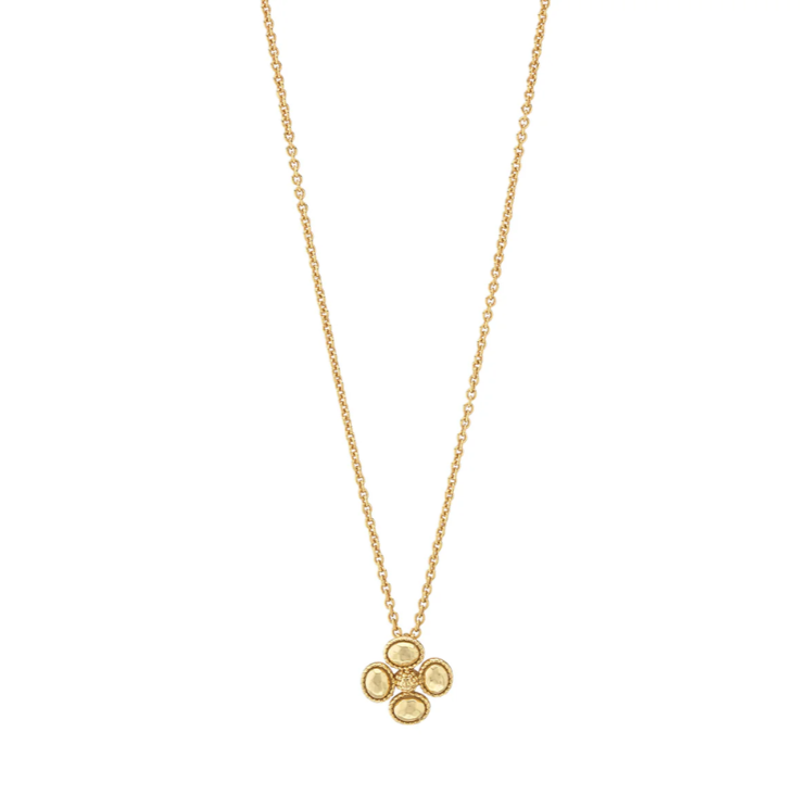 Gold necklace with a three-circle pendant on a white background