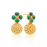 Gold earrings with green gemstones on a white background