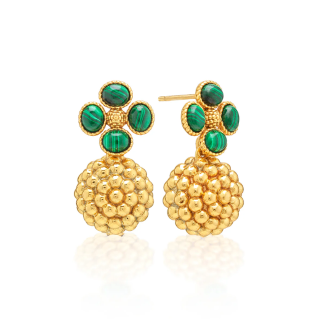 Gold earrings with green gemstones on a white background