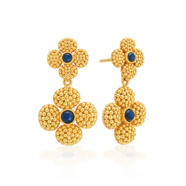 Gold flower-shaped earrings with blue centers on a white background