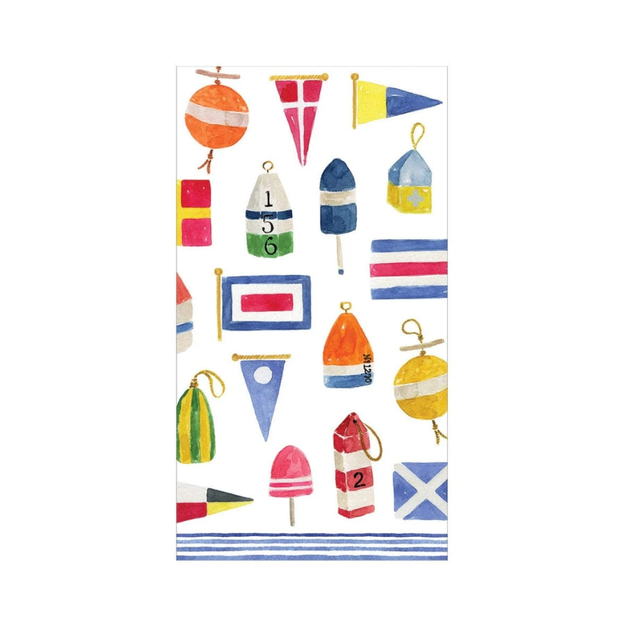 Colorful towel with nautical-themed designs on a white background