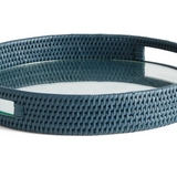 Burma Rattan Round Serving Tray - Blue
