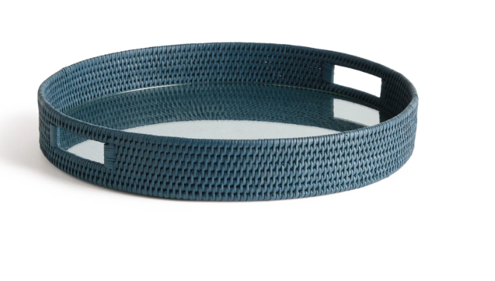Burma Rattan Round Serving Tray - Blue