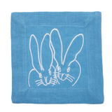 Duet Bunny Embroidered Linen Cocktail Napkins, Blue, Set of 6